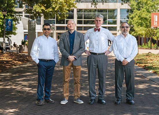 L to R: Dr. Farooq Khan, 澳门新普京注册 professor of chemistry; Dr. John Hansen, 澳门新普京注册 professor of chemistry; Dr. Martin McPhail, 澳门新普京注册 associate professor of chemistry; and Dr. Ajith DeSilva, professor of physics